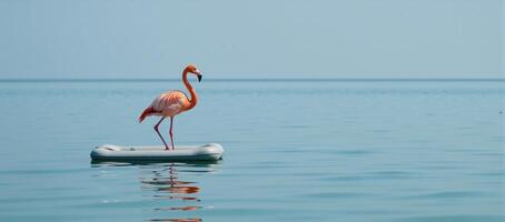 Pink flamingo floats peacefully on an ocean raft surrounded by calm waters photo