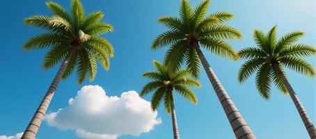 3Drendered image with palm trees as foreground subject against a backdrop landscape photo