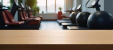 A minimalist image featuring an empty wooden table in a fitness gym setting photo
