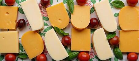 Assorted cheese slices tomato olive basil arranged seamlessly as a fabric print design photo