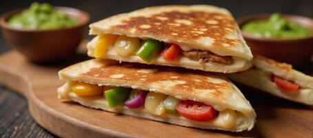 Cheese vegetable quesadillas served with salsa on a rustic table photo