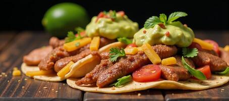 A vibrant and mouthwatering taco arrangement featuring diverse vegetables spices herbs and cheesy goodness photo