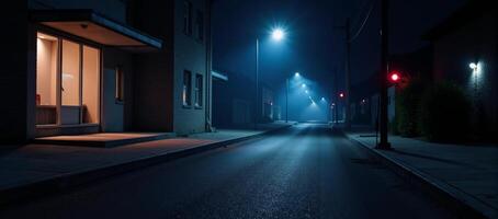 A noirinspired scene an empty ominous street under a dark blue sky illuminated by neon lights and spotlights casting long shadows on the asphalt floor of a dimly lit studio room filled with rising photo