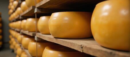 Aged waxcovered cheese wheels stored on rustic wood shelving within a cheese factory setting photo