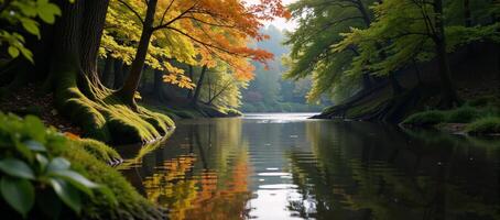 Forest scene with flowing river runs through painted style not specified photo