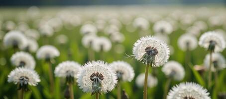 A dandelion field shimmering with polluted light and wispy puffballs amidst the haze photo