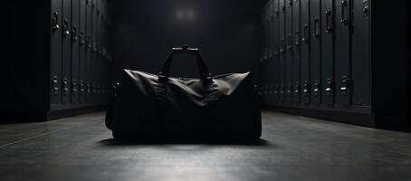 Duffel bag in dimly lit room with lockers photo