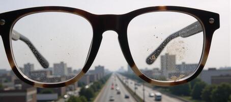 Vision clouded by air pollution viewed via distorted lenses on eyeglasses photo