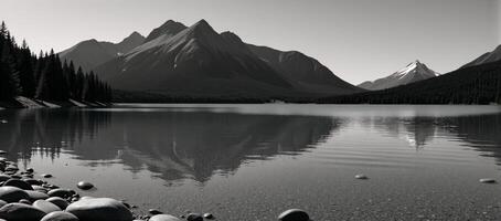 Blackandwhite drawing featuring a serene mountain range with a peaceful lake in the foreground photo