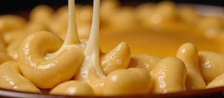 Detailed closeup of macaroni and cheese texture on macro scale photo