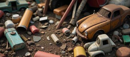 Scene featuring various 3Drendered objects found in a cluttered junkyard photo
