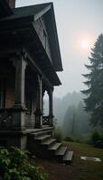 A gloomy atmospheric house stands amidst a fogcovered forest photo