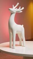 A modern ChristmasNew Year scene features a minimalist reindeer sculpture on a sleek table under warm pinkyellow lighting evoking a chic holiday ambiance photo