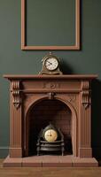 A vintage oldfashioned fireplace is depicted with a carriage clock on the mantelpiece 3D rendered photo