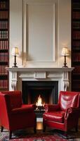 Two red leather armchairs facing a fireplace in a booklined library photo