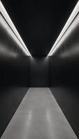 Modern minimalist mockup featuring an empty concrete hallway with black walls and LED lights lining the ceiling photo