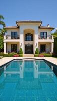 Magnificent twostory residence featuring an elegant swimming pool photo