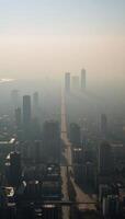 A panoramic aerial view captures the effects of toxic dust on urban landscapes symbolizing climate change air pollution and harm to the respiratory system photo