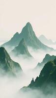 A minimalistic Chinese Brush Painting featuring wet ink renderings of a misty mountain landscape with green and blue hues employing diffused gradients for a traditional feel photo