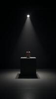 A darkened studio gallery highlights an abstract product showcased within an empty textured room setting photo