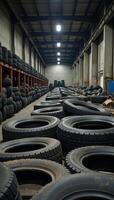 Piles of car tires at an industrial waste management facility highlight recycling practices and tire manufacturing technology photo