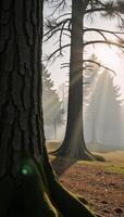 Misty forest at dawn with sunbeams piercing fogilluminated mosscovered trees evoking a mystical dreamlike atmosphere photo