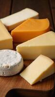 A welllit highresolution closeup image of a diverse selection of cheeses on a stylish board offering ample space for text photo