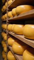 Aged waxcovered cheese wheels stored on rustic wood shelving within a cheese factory setting photo