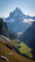 Mountains as the backdrop for a digital illustration in an impressionist style with vivid colors and dramatic peaks photo