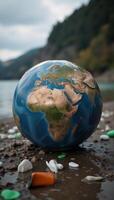 Depiction of Earth suffering from ecopollution by human waste trash littering various landscapes with a blurred focus on our planets plight as a reminder of the urgent need to address environmental photo