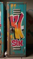 Locker adorned in grungy graffitied style against an abstract backdrop of vibrant colors photo