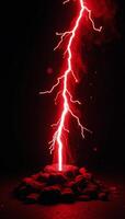 A vibrant red energy bolt releases from a wizards staff during a flashy lightning storm depicted as an electrifying illustration against a dark backdrop photo