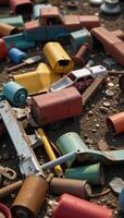 Scene featuring various 3Drendered objects found in a cluttered junkyard photo