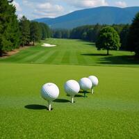 Stylized image featuring peaceful golf course landscape with undulating greens and towering trees photo