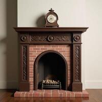 A vintage oldfashioned fireplace is depicted with a carriage clock on the mantelpiece 3D rendered photo