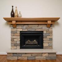 Modern rustic fireplace featuring stacked stone and wooden mantel design photo