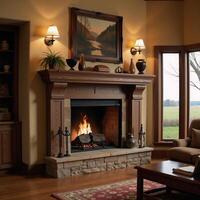 Rustic living room with fireplace setting photo