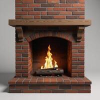 Traditional fireplace scene featuring roaring fire on empty mantelpiece shelf 3D rendering photo