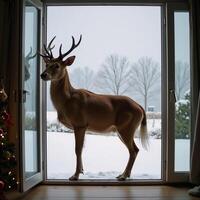 Illustrated scene features surreal elaphocentaur womandeer hybrid during Christmas in a wintry landscape framed by an open window photo