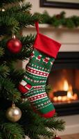 Christmas socks hanging from a Christmas tree near a crackling fireplace photo