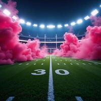 Computergenerated American football stadium field with smoke and neon background ideal for various graphic designs like flyers brochures ads booklets or leaflets photo