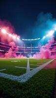 Computergenerated American football stadium field with smoke and neon background ideal for various graphic designs like flyers brochures ads booklets or leaflets photo