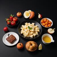 A blacktopped table displays assorted food and a steaming cup of tea beside cheeses and additional dishes photo