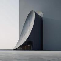 Modern dark curved skyscraper set against a minimalist square ground background 3D Rendering photo