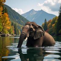 Animated elephant serenely bathing within a vibrant forest landscape alongside a river photo