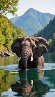 Animated elephant serenely bathing within a vibrant forest landscape alongside a river photo