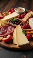 Aerial view captures stunningly detailed charcuterie board with delectable array of cheeses and meats photo