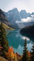 Landscape featuring a tranquil lake nestled between majestic mountains and a serene forest with enveloping fog photo