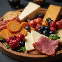 Aerial view captures stunningly detailed charcuterie board with delectable array of cheeses and meats photo