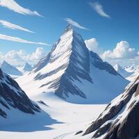 Digital painting featuring tranquil winter mountain landscape with snowy peaks photo